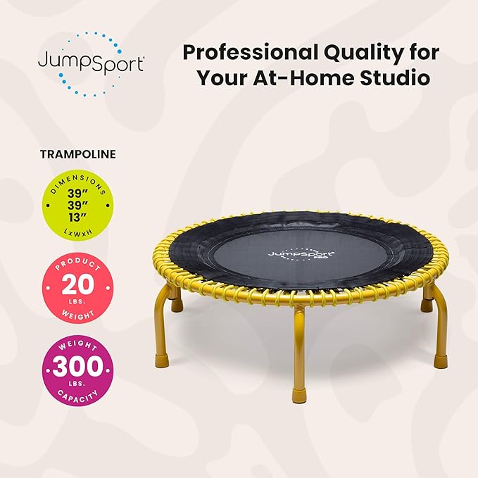 JumpSport 350 PRO Fitness Trampoline, Cardio Workout, No-Tip Arched Legs Home Gym Equipment, Adjustable Bungees & 60 Day Trial Video