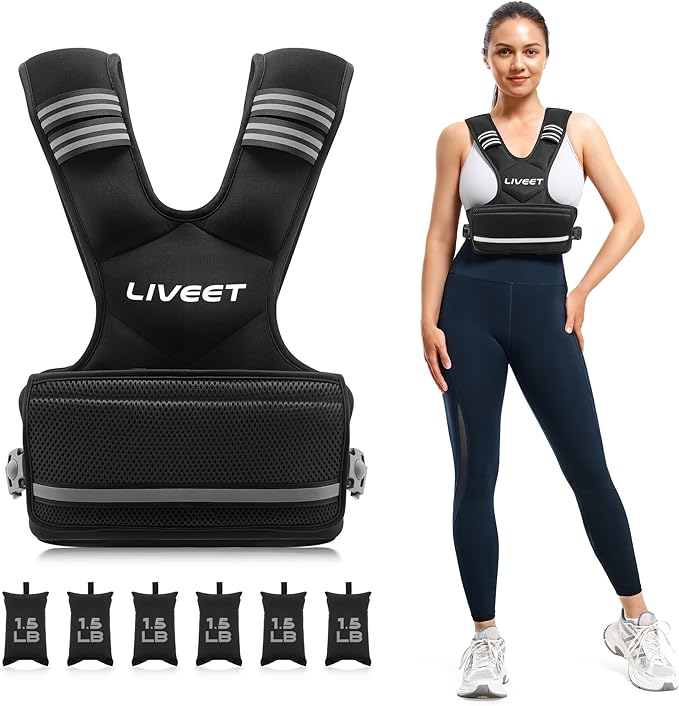 Adjustable Weighted Vest for Women Men, 4-10lb 11-20lb 20-32lb Weight Vest with 6 Ironsand Bags, Running Vest with Reflective Strips Adjustable Buckle Straps for Walking Strength Training