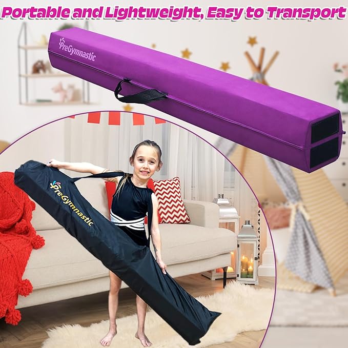 PreGymnastic 6FT/8FT/9.5FT Folding Balance Beam for Kids Ages 3-12, Foldable Gymnastics Floor Beam-Extra Firm Suede Cover with Carrying Bag for Home-Gym Equipment for Toddler Teenager