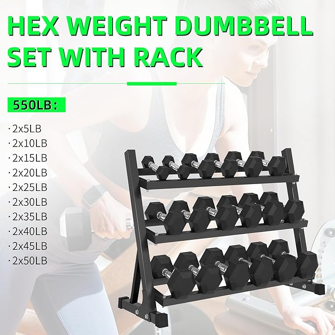 550LB Hex Dumbbell Set with 3-Tier Rack - Complete Home Gym Weight Set 5-50lbs Rubber Coated Cast Iron Dumbbells for Strength Training & Muscle Building