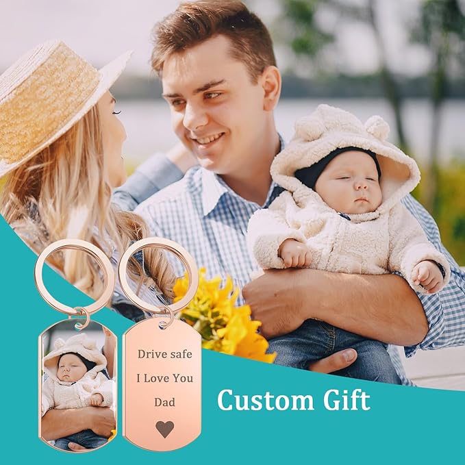 QYH Custom Keychain with Picture - Personalized Key Chain Laser Engraved Photo Text Gold Keychains Customized Gifts for Men