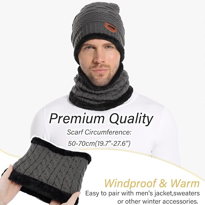 FZ FANTASTIC ZONE Mens Womens Winter Beanie Hat Scarf Set Warm Knit Thick Fleece Lined Skull Cap Neck Warmer for Men Women