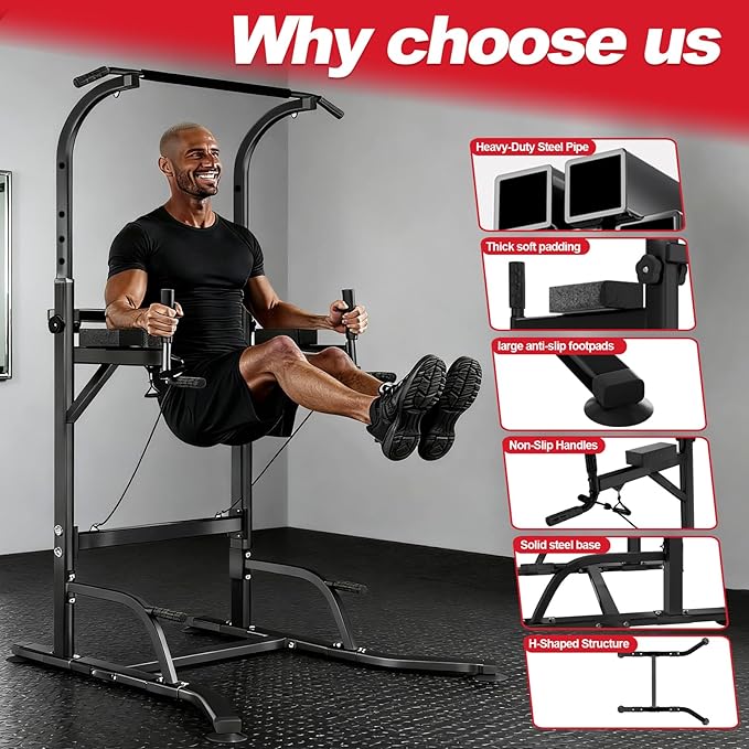 Pull Up Bar Power Tower Dip Station, Adjustable Strength Training Equipment for Home Gym Workout, Multi-Function Pull Up and Dip Bar