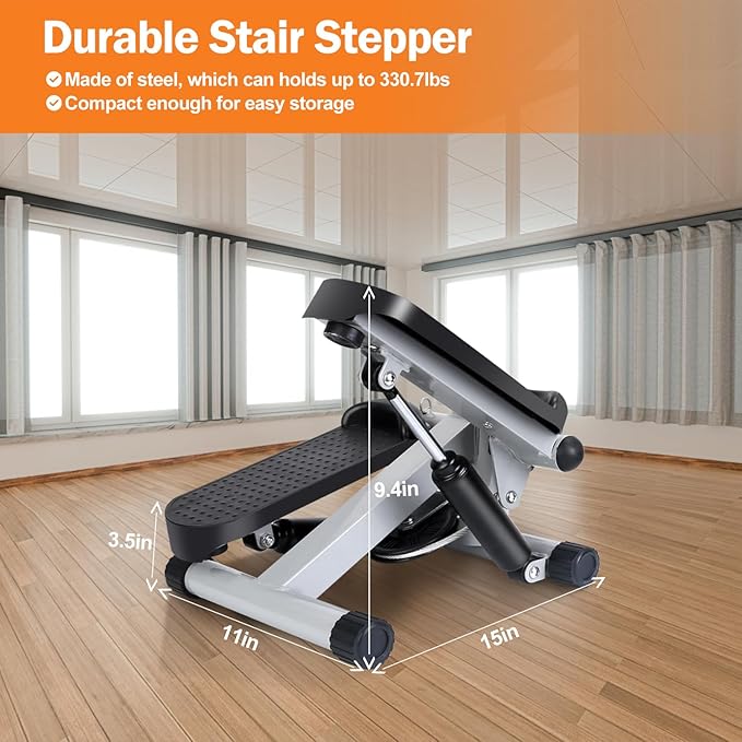 Mini Stair Stepper with Resistance Bands, Steel Frame, LCD Monitor, 330.7 lbs Capacity, Home Fitness Equipment for Full Body Workout, Weight Loss, Grey, 11x15x7.3 Inch