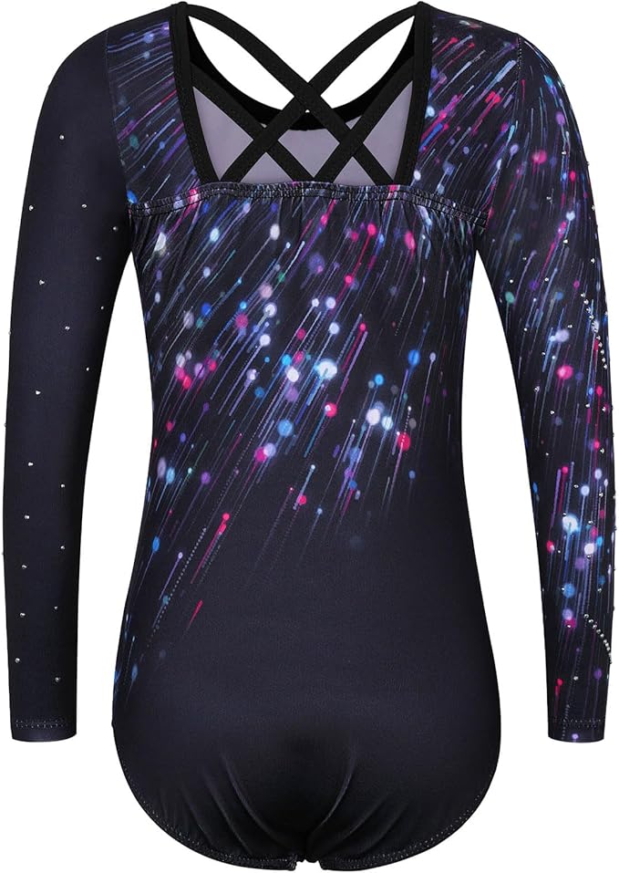 BAOHULU Gymnastics Leotards for Girls Long Sleeve Sparkly Cute Pattern Dance Outfit with Matching Shorts Set