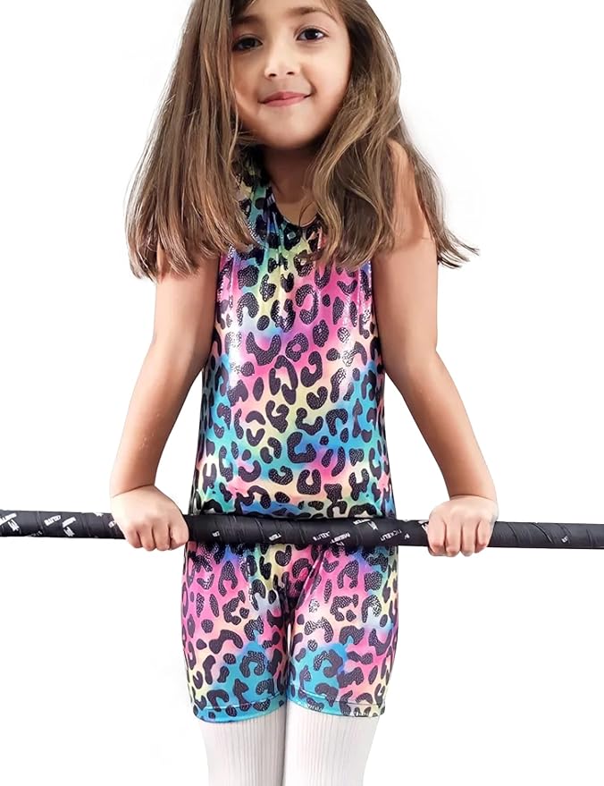 Nymphperi 2 Packs Gymnastics Leotard for Girls Sparkle Biketards with Shorts Kids Sleeveless Unitard One-Piece Dancewear