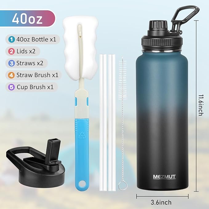 MEZMUT Insulated Water Bottle with Straw&2 Lids 40oz Stainless Steel Water Bottles Metal Water Bottle Double Walled Vacuum Insulated Bottles Cups Leak-Proof Travel Cup (Gradient Blue Black)