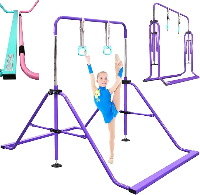 PreGymnastic Folding Gymnastics Bar with Rings, Foldable Kip Bar with Sturdier Base, Training Bar for Kids Ages 3-10, Horizontal Bar, Home Gym Equipment for Boy Girl