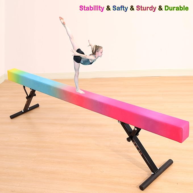8 Ft Gymnastic Balance Beam with Adjustable Height From7 inch to 22 inch for Kids Children Home Practice, Adjustable Balance Beam with Leg, High and Low Floor Gymnatic Training Beam