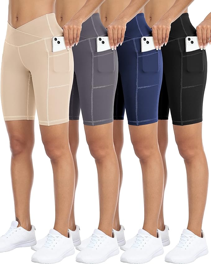 WHOUARE 4 Pack Biker Yoga Shorts with Pockets for Women,High Waisted Athletic Running Workout Gym Shorts Tummy Control