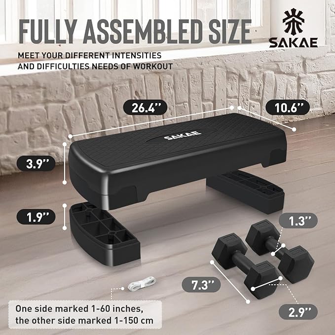 SAKAE Step Aerobics Platform Set with Dumbbells & Measuring Tape, Aerobic Steppers for Exercise at Home, Adjustable Height 2 Level Risers Workout Step Trainer with Non-Slip Surface, Multiple Colors
