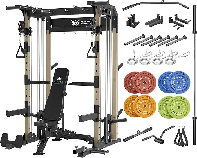 MAJOR FITNESS F22 Power Rack, 1600lbs All-in-One Squat Rack with Dual Pulley System, Heavy-Duty Steel Frame, Attachments & Storage for Home Gym Strength Training