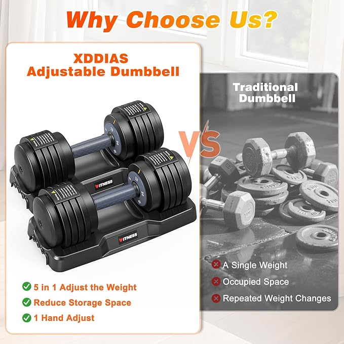 XDDIAS Adjustable Dumbbell Set of 2, 25/55/80LB Dumbbell Set-Fast Adjust Weights Set, 5/10/16 in 1 Free Weights Dumbbells Set with Anti-Slip Metal Handle, Compact Size for Men/Women Home Gym Equipment