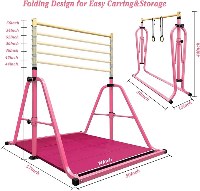 Foldable Gymnastics Kip Bar with Mat and Ring Set,3' to 5' Height Adjustable,Kids Gymnastic Equipment for Ages 3-15,Indoor and Home Training- Max Load 350LBS