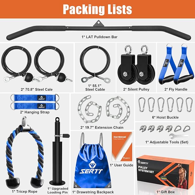 SERTT Home Gym Pulley System - Tricep Workout, Lat Pulldown, Biceps Curl, Triceps, Shoulders, Back, Forearm, Weight Cable for Squat Rack, Garage