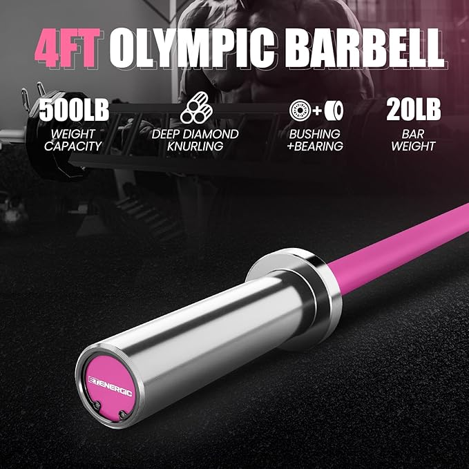4ft Olympic Barbell - Heavy Duty Chrome Steel Weightlifting Bar for 2-Inch Plates, 500LBS Capacity Bar with Knurled Grip & Ball Bearings - Compact Strength Training Barbell for Men & Women Home Gym Workout