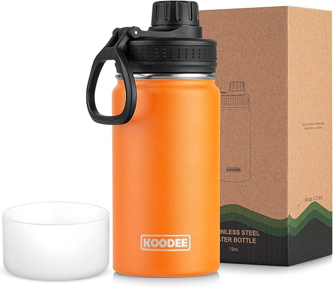 koodee Small Water Bottle 12 oz Stainless Steel Vacuum Insulated Wide Mouth Water Bottle with Leakproof Spout Lid（Cosmic Orange）