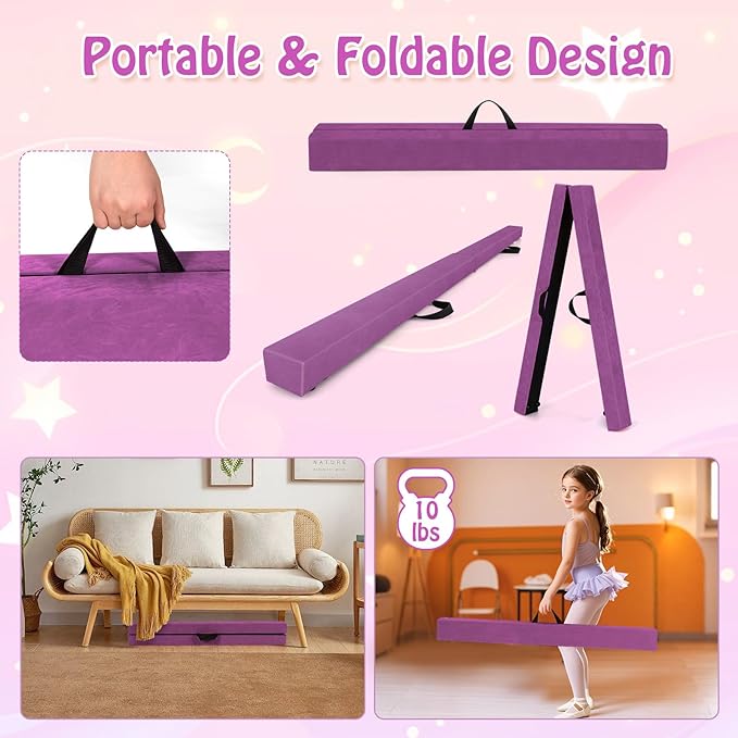 Giantex 7FT/8FT/9FT Balance Beam, Folding Gymnastics Beam w/Carry Handles, Floor Foam Gymnastics Equipment for Kids, Non Slip Rubber Base for Exercise, Practice & Professional Home Training