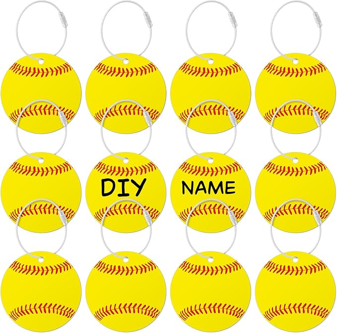 12 Pcs Softball Luggage Tags for Suitcases Travel Suitcase Labels with Metal Ring 2.75in Softball Keychain PVC Name Id and DIY Pocket Hug Card Backpack Charms for Men Women Travel Bag Suitcase