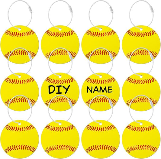 12 Pcs Softball Luggage Tags for Suitcases Travel Suitcase Labels with Metal Ring 2.75in Softball Keychain PVC Name Id and DIY Pocket Hug Card Backpack Charms for Men Women Travel Bag Suitcase