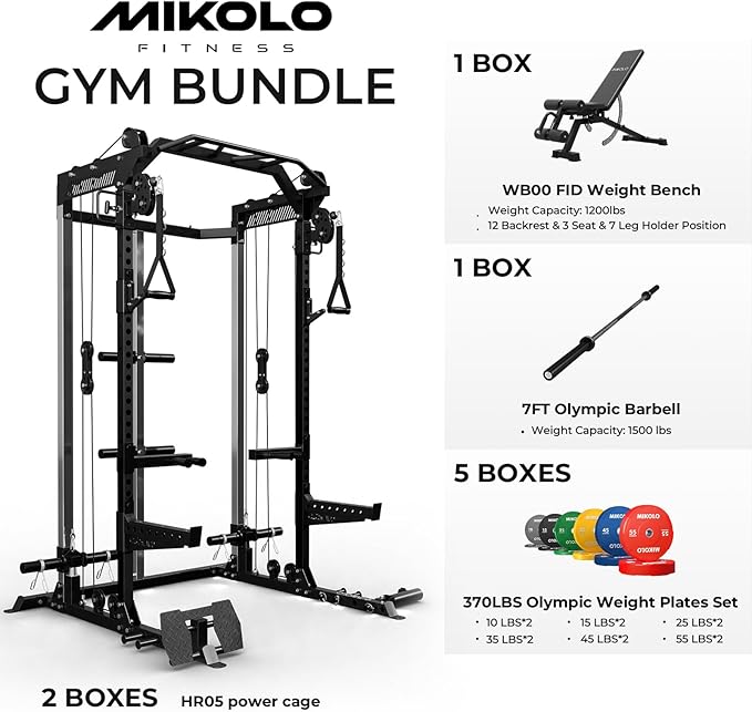 Mikolo Power Cage, 2000LB Power Rack with Independent Dual Pulley System, Multi-Function Home Gym Workout Machine for Cable Crossover