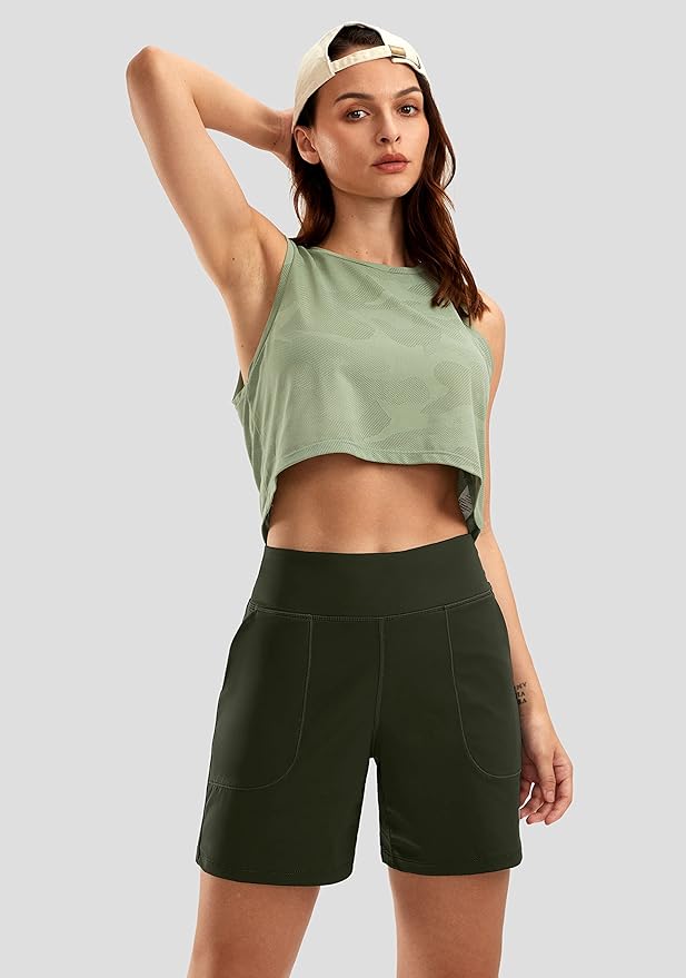 SANTINY Women's 6'' Athletic Long Shorts with 4 Pockets High Waisted Bermuda Shorts for Women Walking Running Casual