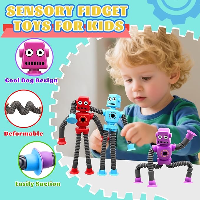 14PCS Suction Cup Pop Tube Sensory Toys, Basket Stocking Stuffer Set for Kids Toddlers, Funny Robot Action Figure Bendable Fidget Toy Gift Birthday Party Favors
