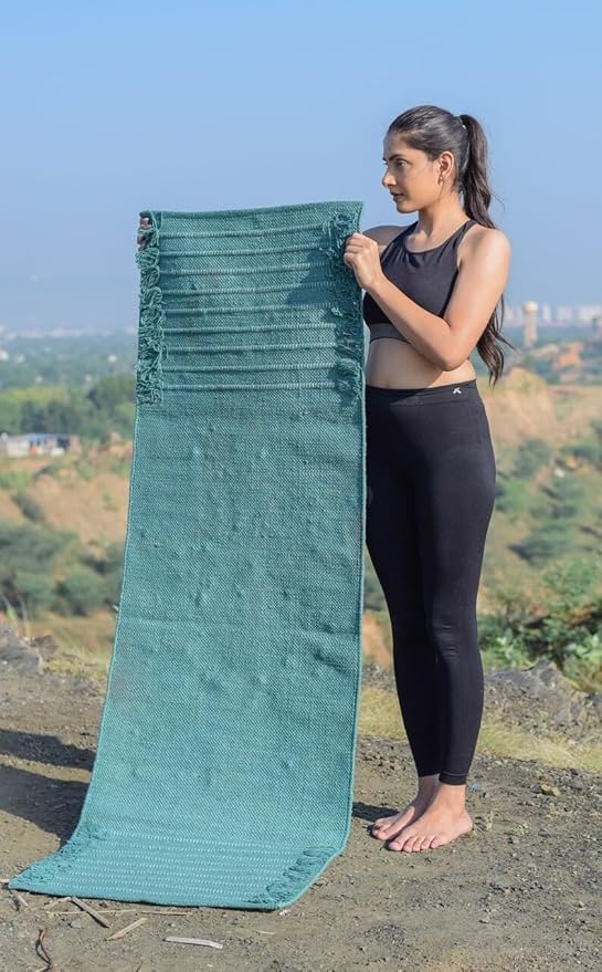 Indian Handmade100 % Organic Anti Skid Multi Colour Cotton Yoga Mat - Eco-Friendly Hand-Woven Rug - Non-Slip & Thick (24”x72”x5mm) for Hot yoga & Everyday Fitness at Home - Comfortable & Foldable Extra-Long Mat