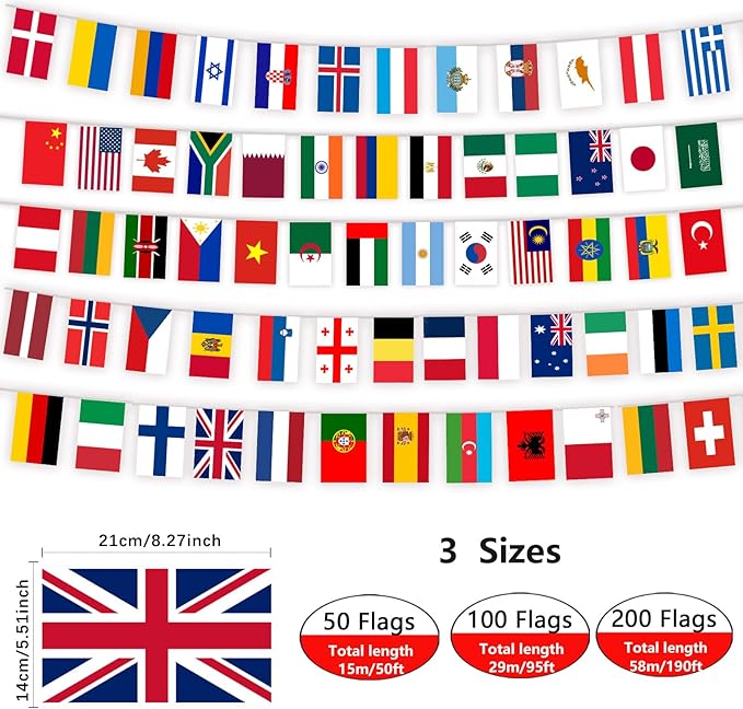 Flags Banner for World Cup 2026 Decorations, Flag Bunting for Soccer Party Decorations, 100 Countries Bunting Flags, 95 ft/29 m, International Flag for School, Office, Home, Stadium Decor (100)