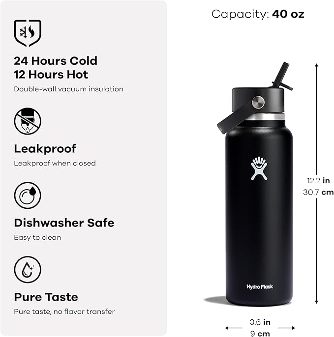 Hydro Flask Water Bottle - Insulated Stainless Steel - Wide Mouth Flex Straw Lid, Non Spill, Leakproof and Refillable in 40 Oz Beachplum Purple