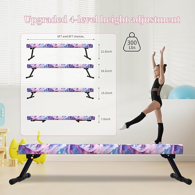 8FT Adjustable&Foldable Gymnastics Balance Beam,Home Gym Equipment,Easy Assembling and Storage,No Tool Require,for Kids Children Girls Training