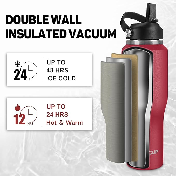 Insulated Water Bottle 40oz with Straw/Spout Lids, Stainless Steel Water Bottles Keep Cold 24h&Hot 12h, Metal Water Bottle with Straw that Fits in Cup Holder, Water Bottle Leak-proof,BPA Free,Red
