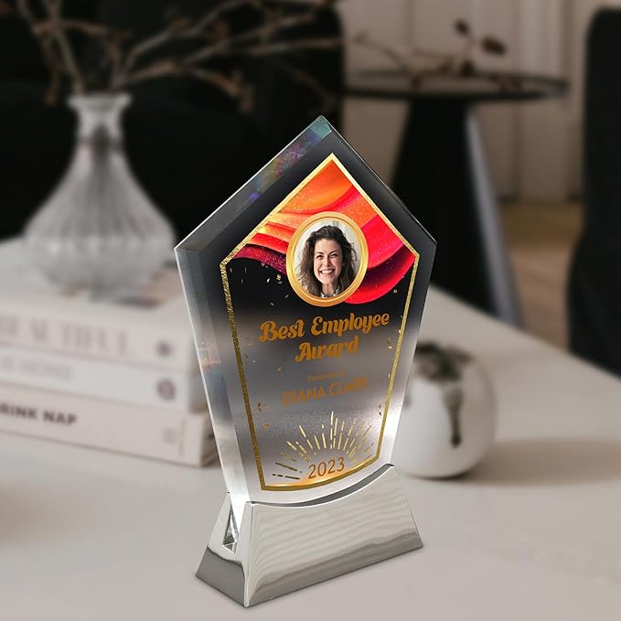 7 1/2" Personalized Glass Plaque for Awards and Trophies, Custom Award for Employee of the Month, Retirement, Leadership and Appreciation Gift J Awards (D6)
