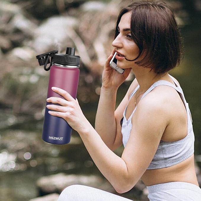 MEZMUT Insulated 24oz Stainless Steel Water Bottle with Straw & 2 Lids - Sports Metal Thermos Cup - Double Walled Vacuum Insulated Bottle - Leak-Proof Travel (Gradient Red Blue)