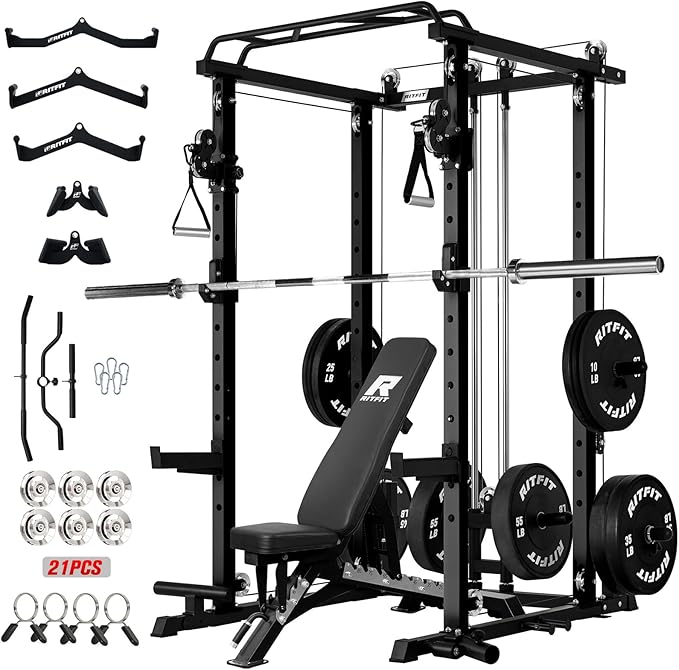 RitFit Upgraded PPC-P3 Power Cage, 3-in-1 Home Gym with Aluminum Pulley System, 1200LBS Capacity, Includes LAT Pulldown, Landmine, J-Hooks & 20+ Attachments, Fits Compact Spaces Black Red