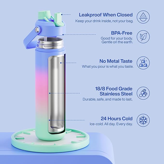 ENCOOL Insulated Water Bottle with Straw Stainless Steel Water Bottle, Leak-Proof, BPA-Free, Double Wall Vacuum Keeps Cold for 24 Hours for Sports, Travel, School (26 oz, Frosted Lilac)