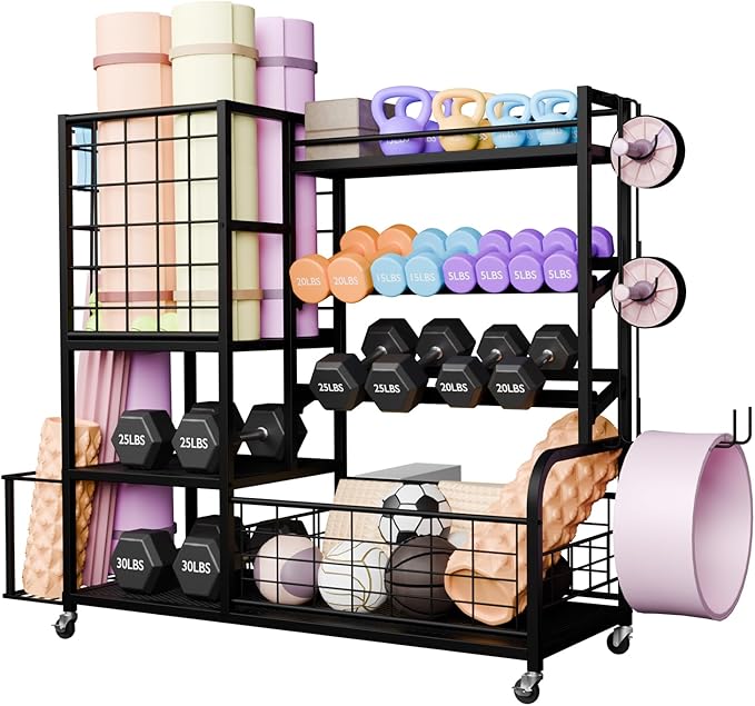 Dumbbell Rack Weight Stand - 4-Tier Adjustable Weight Rack for Dumbbells, Home Gym Storage Rack for Yoga Mat Foam Roller Kettlebells, Workout Equipment Storage Organizer With Wheels