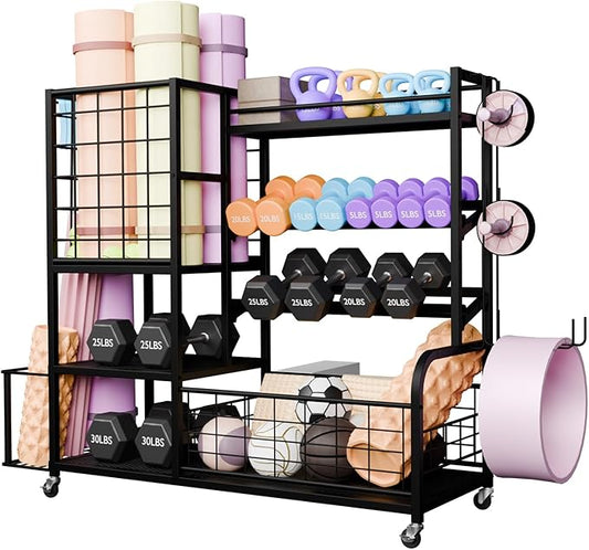 Dumbbell Rack Weight Stand - 4-Tier Adjustable Weight Rack for Dumbbells, Home Gym Storage Rack for Yoga Mat Foam Roller Kettlebells, Workout Equipment Storage Organizer With Wheels