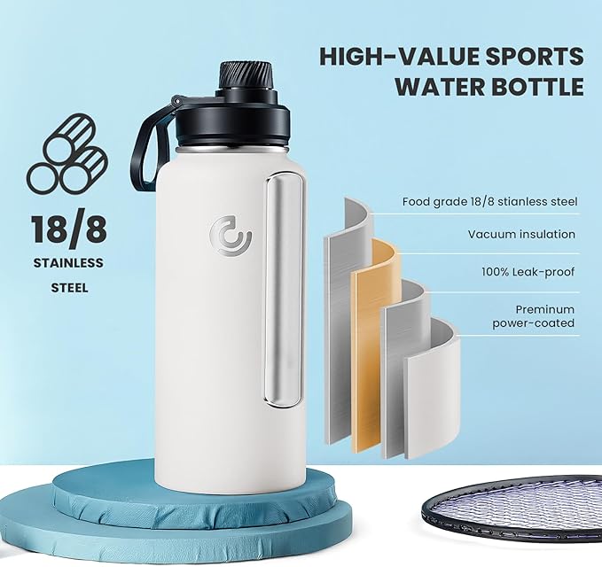 COKTIK 32oz Sports Water Bottle, Stainless Steel Water Bottle for Insulated, Reusable Travel Bottle, With Straw, With Handle Grip for Easy Carrying, Suitable for Cycling, Outdoor Vacations(White)