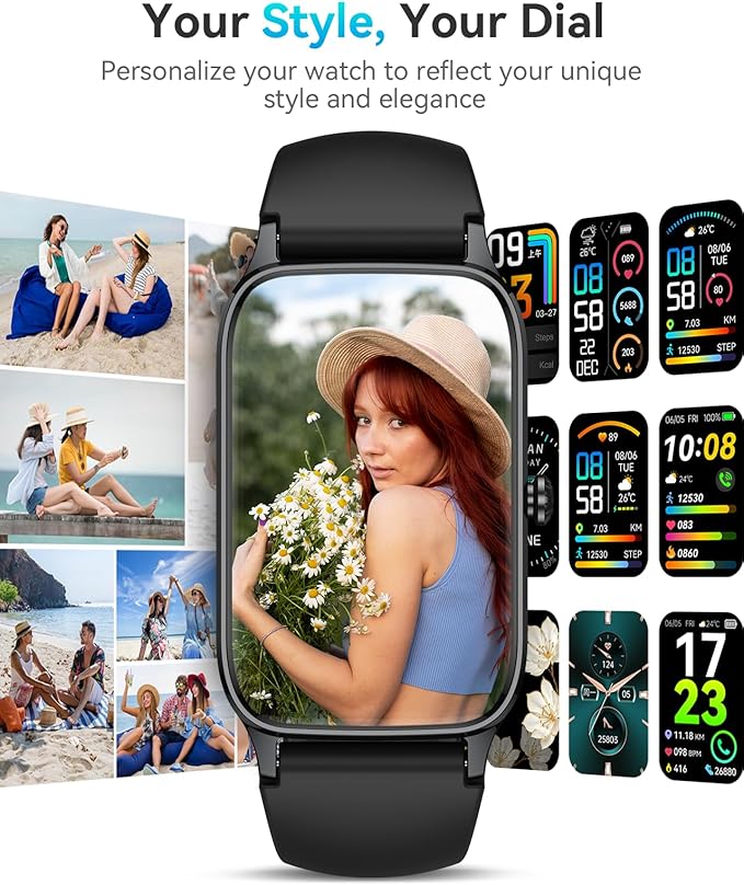 Fitness Activity Tracker for Women Men, Smart Watch Compatible with iPhone Android, IP68 Waterproof Step Counter with 110+ Sports, Sleep Monitor, Calorie Counter (Casual, Black, 1.57)