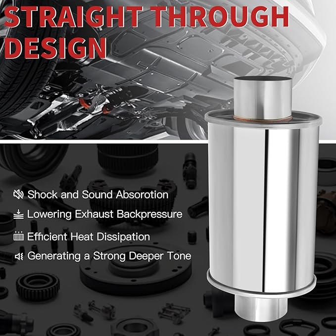 LCGP 3" Ultra Quiet Resonator, 3'' Inlet & Outlet 14" Overall Length Universal Muffler, 304 Stainless Steel vibrant performance resonator 3", Oval Muffler Shape, Silver