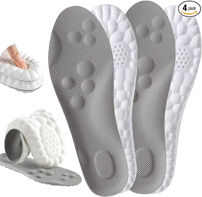 4D Cloud Insoles for Men Women, Cloud Soles Memory Foam Insoles, Massage Cushion Insoles for Foot & Joint Support, Comfort Breathable - 2 Pairs (Gray, Men 9-10/ Women 11-12)