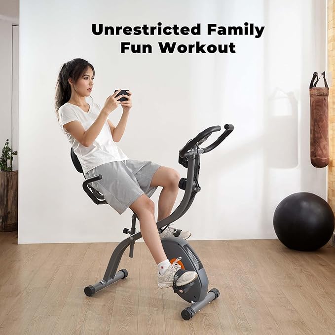 Exercise Bike, Stationary Bike for Home, Folding Exercise Bike with 10 Level Magnetic Resistance, Arm Resistance Bands &Pulse Sensor, LCD Monitor for Home Workout