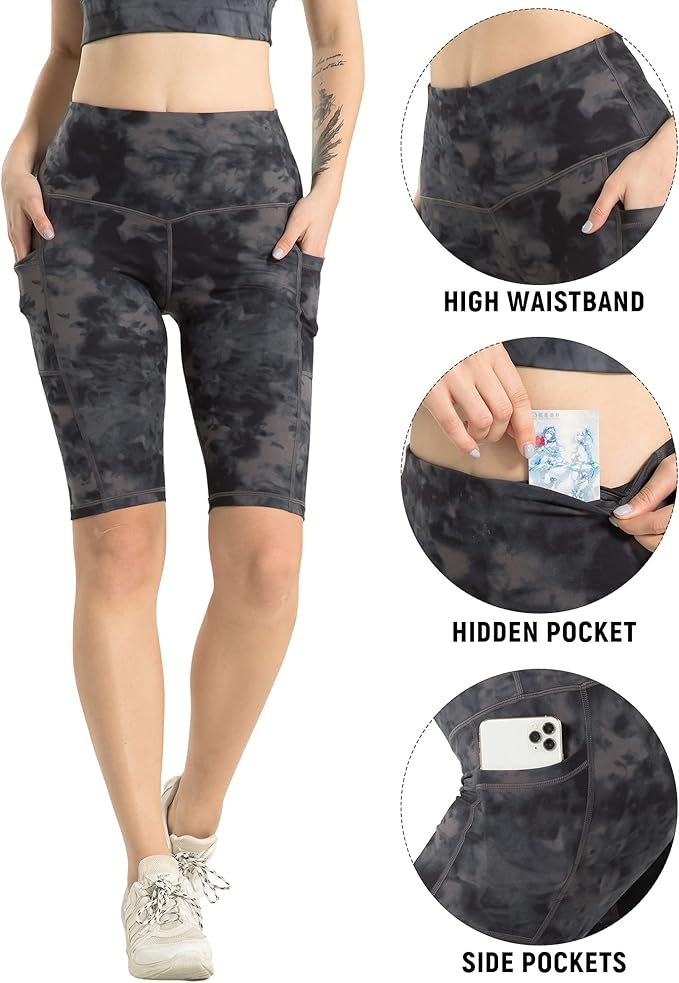 WHOUARE 4 Pack Biker Yoga Shorts with Pockets for Women,High Waisted Athletic Running Workout Gym Shorts Tummy Control