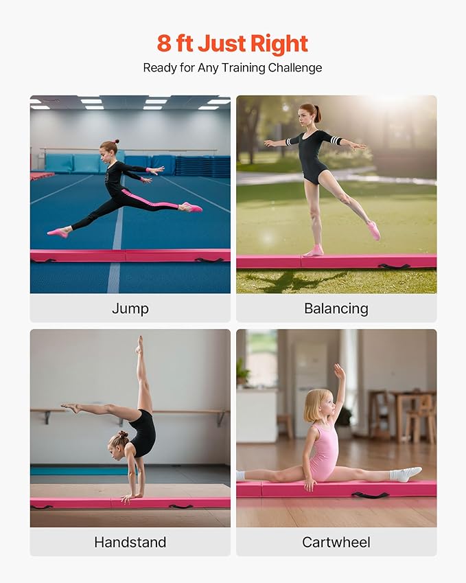 VEVOR 8FT Balance Beam for Kids, 200-350LBS Stable Support Gymnastics Floor Beam with Non-Slip Mat, Wood-Core/EVA Gymnastics Training Equipment with Anti-Slip Bottom & Carry Bag for Home Gym