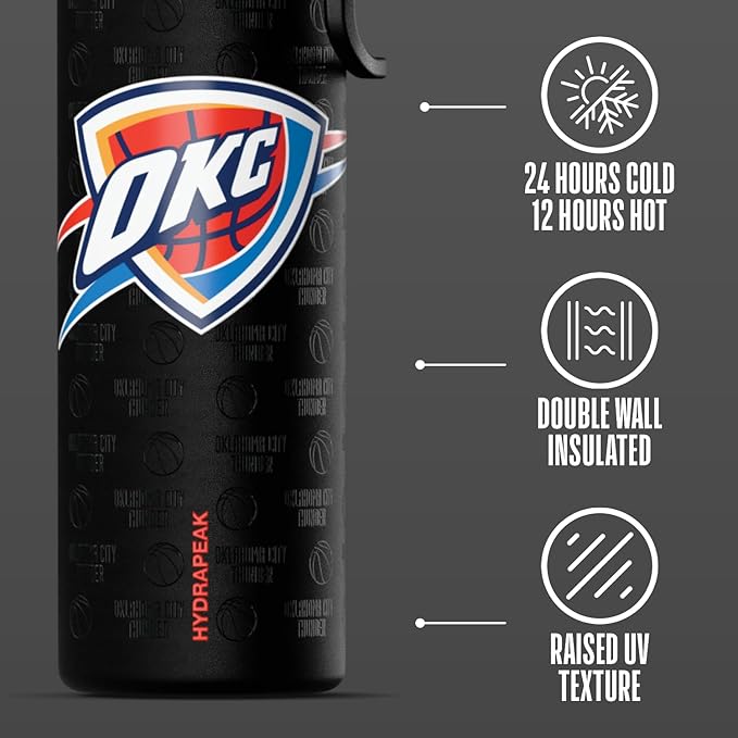 Hydrapeak x NBA Officially Licensed Oklahoma City Thunder 26 oz Active Water Bottle with Chug Lid and Handle Reusable Stainless Steel Double Wall Insulated Sports Gift