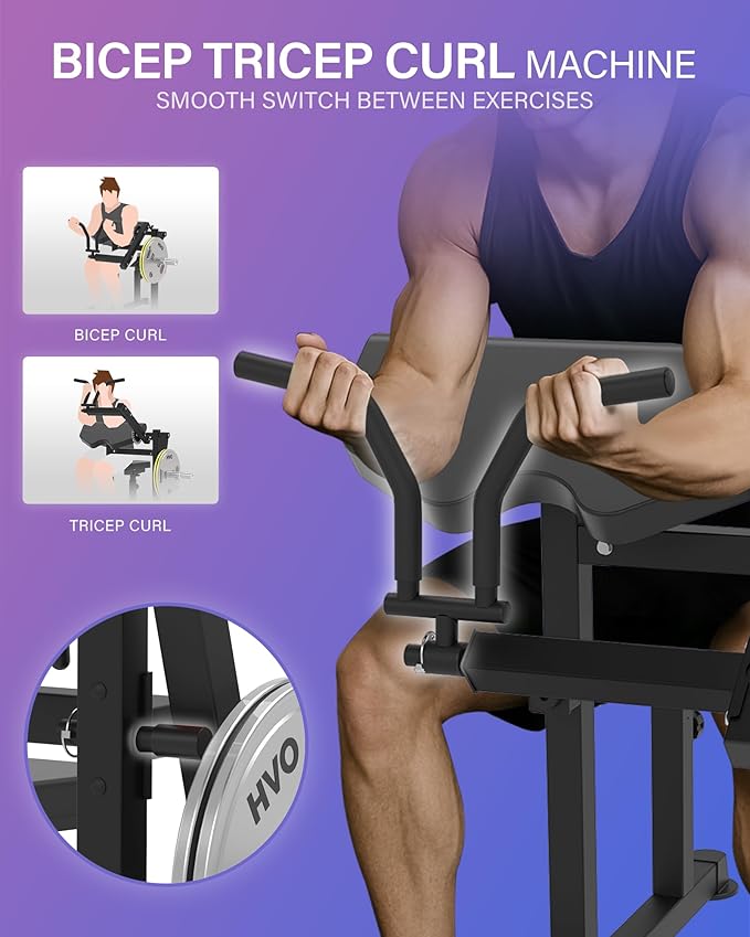 HVO Bicep Tricep Curl Machine: Adjustable Preacher Arm Bicep Curl and Tricep Extension Machine Plate Loaded Exercise Equipment for Home Gym