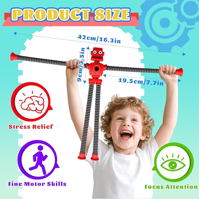 14PCS Suction Cup Pop Tube Sensory Toys, Basket Stocking Stuffer Set for Kids Toddlers, Funny Robot Action Figure Bendable Fidget Toy Gift Birthday Party Favors