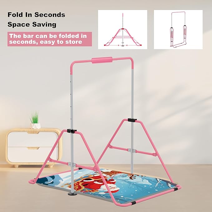Gymnastics Bar with Self-Inflating Mat for Kids, Adjustable Height Gymnastic Horizontal Bars with Mat, Folding Gymnastic Training Monkey Bars, Junior Expandable Training Kip Bar for Home