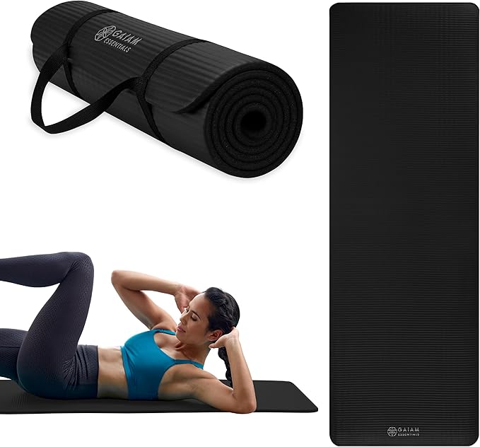 Gaiam Essentials 2/5" Thick (10mm) Yoga & Pilates, Fitness & Exercise Mat with Easy-Cinch Carrier Strap Cushion Support For Fitness and Gym Workouts